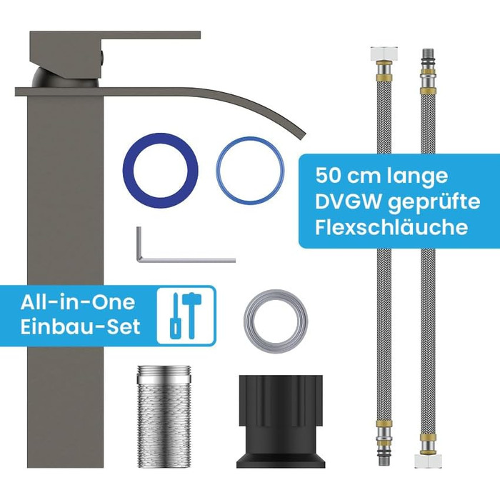 Змішувач для ванної кімнати Bächlein Tamina з водоспадним дизайном, однорідний, з довговічною керамічною картриджі та монтажним комплектом, чорний мат