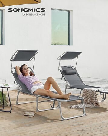 Лежак для відпочинку SONGMICS, розкладний, 193 x 53 x 29 см, до 150 кг, з подушкою, регульована спинка, для саду, басейну, тераси, темно-сірий
