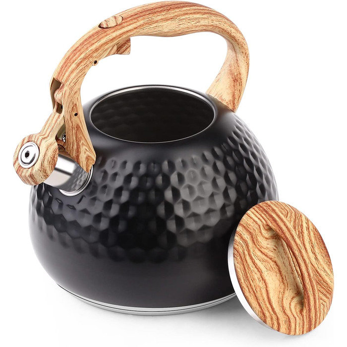 Сучасний чайник об'ємом 3 л, індукційний чайник зі свистком з нержавіючої сталі, чайник для всіх конфорок, чайник з дерев'яною ручкою, чайник для приготування чаю, кава (чорний)