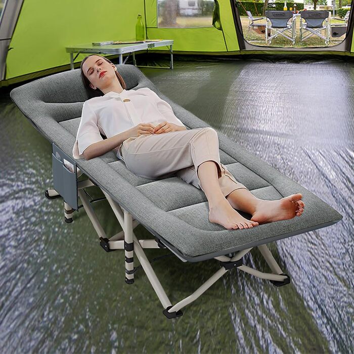 Розкладне кемпінгове ліжко CALIYO з матрацом, 200x80x40 см, витримує до 200 кг, сталевий каркас, тканина Оксфорд, сіре (з сумкою для зберігання)