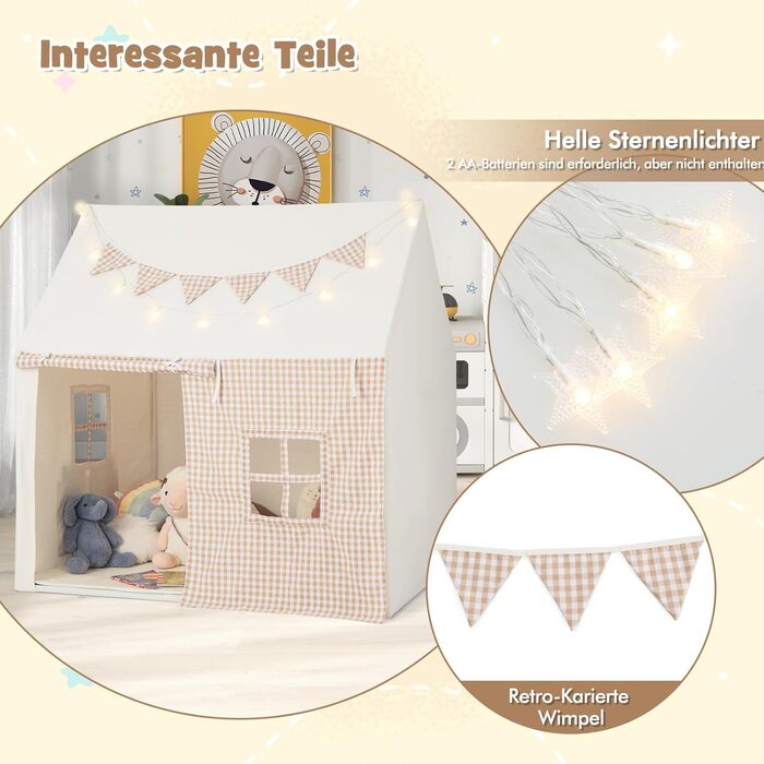 Дитячий намет GOPLUS з м'яким килимком, зірками та китицями, ігровий будиночок для дому та вулиці з вікнами, дверима та кишенями, для дітей від 3 років (Бежевий)