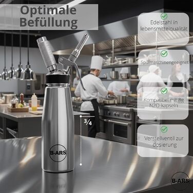 Дозатор для вершків B-ARS з нержавіючої сталі 0,5L з аксесуарами: насадки для декорування, голка для інжекцій, щітка для чищення, сумка для зберігання та електронна книга з рецептами