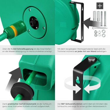 Шланговий барабан Tectake® настінний, 1/2 дюйма, 10м, з автозмотуванням, для саду та городу, водяний шланг, котушка для шланга, розпилювач
