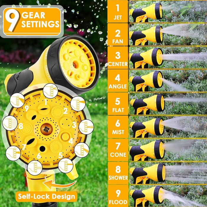 Шланговий барабан з шлангом для саду з автоматичним змотуванням, поворотний на 180°, настінна шланговий бокс з ручною лійкою (9 функцій), для поливу та миття авто (чорно-жовтий, 30м)
