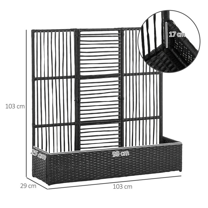 Піднята клумба Outsunny Poly Rattan з решіткою, ящик для квітів, ящик для рослин, клумба, для саду, балкона, чорний, 103 x 103 x 29 см