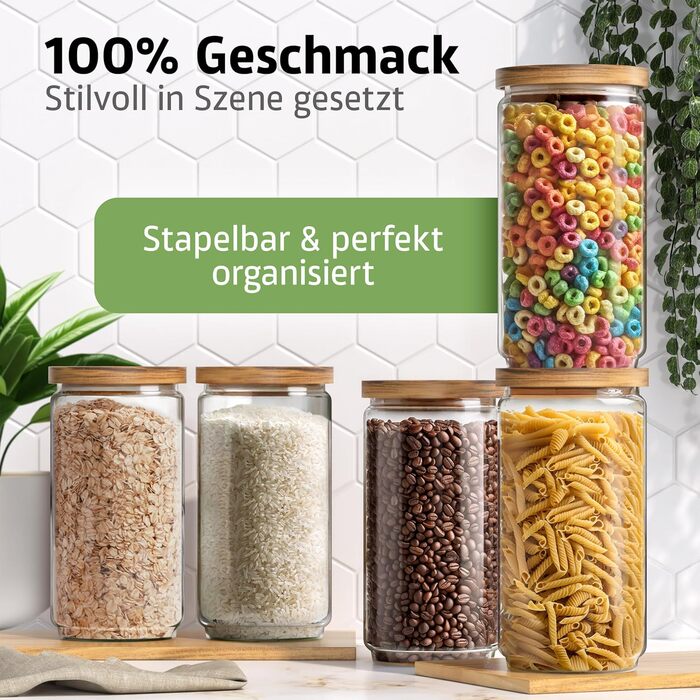 Набір скляних банок для зберігання з кришкою, 4 шт. | 300, 500, 700, 1000 мл, 2x2000 мл | Герметичні, захист від міль | Для спецій та продуктів харчування