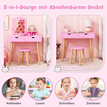 Детский туалетний столик COSTWAY 2-в-1 зі стільчиком та дзеркалом, з шухлядами, для дівчаток 3-7 років (Рожевий, без підсвічування)