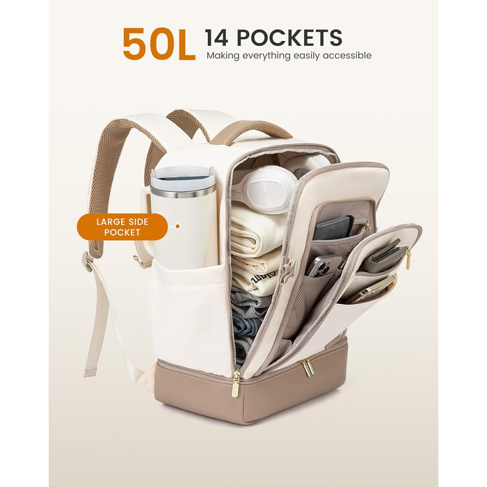 LOVEVOOK Рюкзак для ручної поклажі з окремим відділенням для взуття, 40L рюкзак для жінок, великий, з відділенням для мокрого та сухого, Travel Backpack, Carry On Luggage для подорожей (Бежевий, Хакі, 50L)
