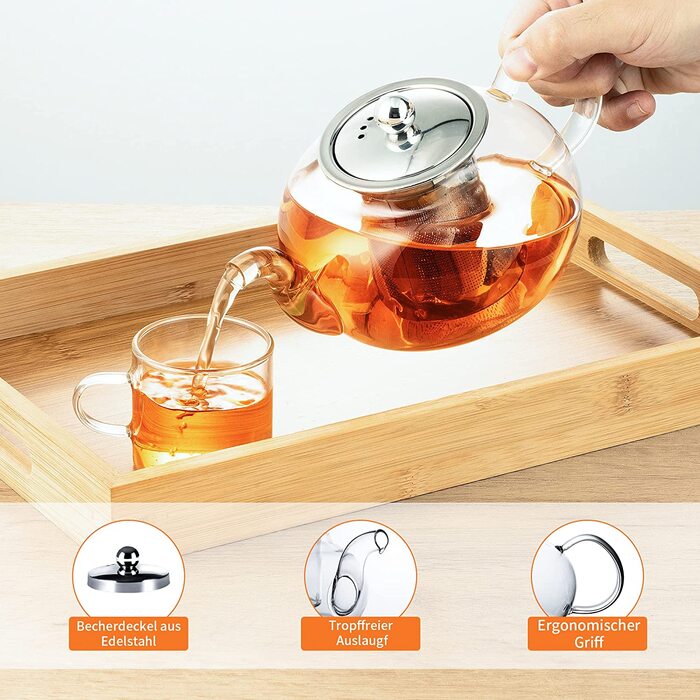 Скляний чайник AdelDream з заваркою, скляний чайник з безпечною плитою, набір для приготування чаю з квітучим і розсипним листям (1200 млчай