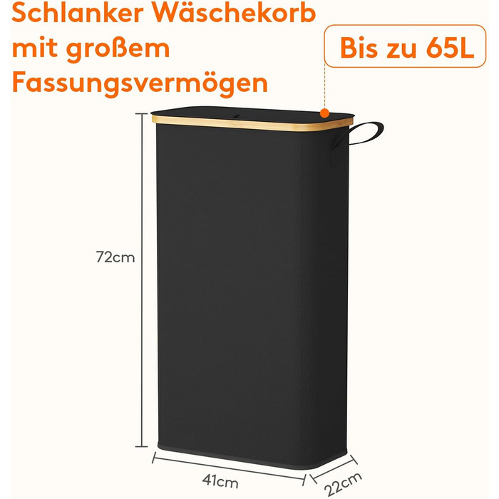 Кошик для білизни Lifewit з кришкою, вузький, складаний, 65л, бамбук, з ручкою, чорний