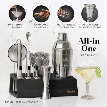 Набір для бармена Pro Mixology: 14 предметів, шейкер Cobbler 24oz, бамбуковий підставка, рецепти коктейлів. Подарунок для дому