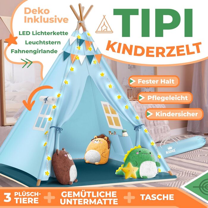 Дитячий намет KIDIZ Teepee 100x100x160см зі світлодіодом, декором та аксесуарами, для дому та вулиці (Синій)