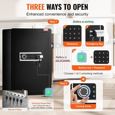 Сейф VEVOR з вогнестійким кишеням для грошей, одностулковий сейф об'ємом 3,5 кубічних футів, 2 перегородки, цифровий сейф для меблів з ключем/кодом, скринька для цінностей (гроші, ювелірні вироби, ліки), сейф для грошей чорного кольору, 1 дверцята