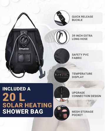 Намет для душу KingCamp великого розміру для кемпінгу, роздягальня, портативний укриття, душ, приватність, одно-/двомісний, 200 x 105 x 203 см, чорний/сірий