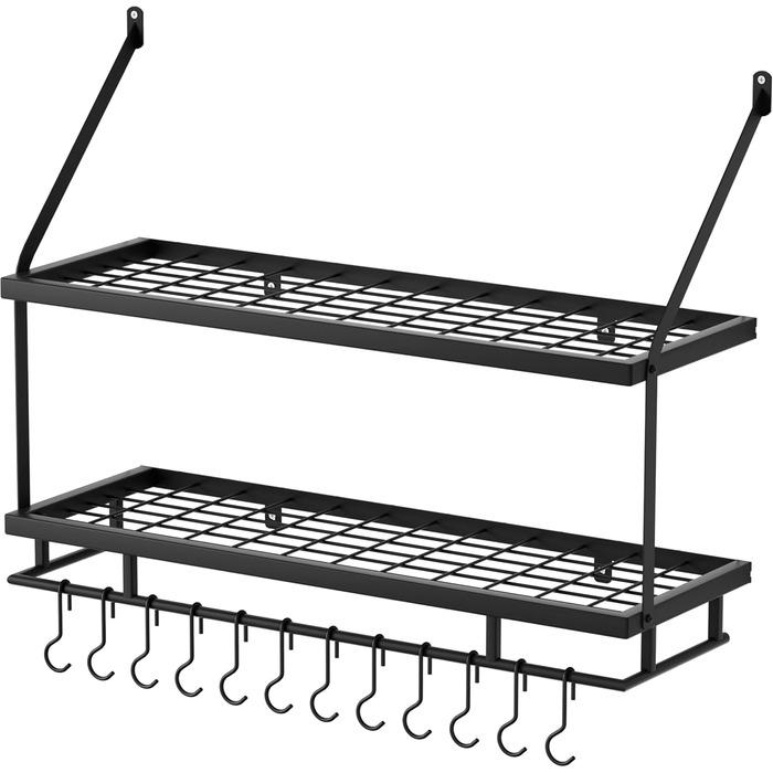 Кухонна полиця для каструлі та посуду з 12 гачками, настінне кріплення 75 см, чорний матовий