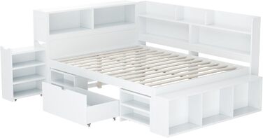 Дитяче ліжко 90x200 з ящиками, полицями та бар'єром, функціональне ліжко з дерева, без матраца, біле