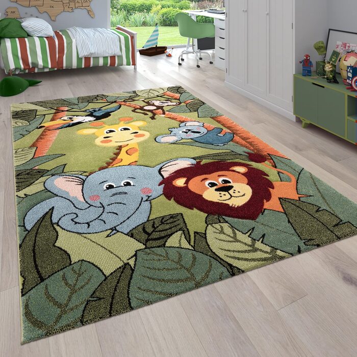 Дитячий килимок Paco Home для дитячої кімнати для хлопчиків з коротким ворсом у вигляді тварин і джунглів, розмір 80x150 см, Колір (133 см в квадраті, зелений)