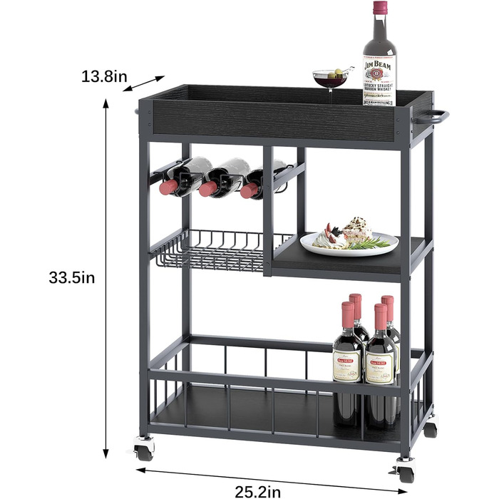 Сервізний візок Huhote з полицею для вина, барний візок, візок для напоїв, візок на колесах, візок для вина в їдальню, кухню, вітальню, бар, вечірку, з імітацією дерева (чорний, металевий кошик)