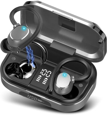 Спортивні навушники Bluetooth, Бездротовий 5.3, Час відтворення 120 годин, LED, Глибокі баси, IP7, Вушні гачки (сірий)