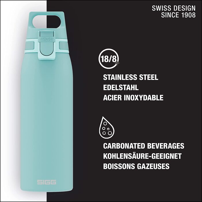 Вулична пляшка для пиття SIGG Shield ONE (/1 л), що не містить забруднюючих речовин і герметична, міцна спортивна пляшка для пиття з нержавіючої сталі з ОДНИМ верхом (1 л, Glacier)