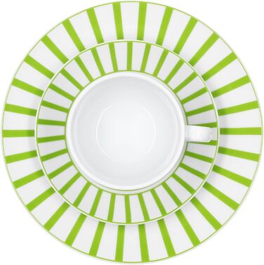 MamboCat Комплект посуду для кави та сніданку 18 предметів, зелений, для 6 осіб | Кавовий сервіз з порцеляни з смужками, 6 чашок 200мл, 6 підставок, 6 тарілок