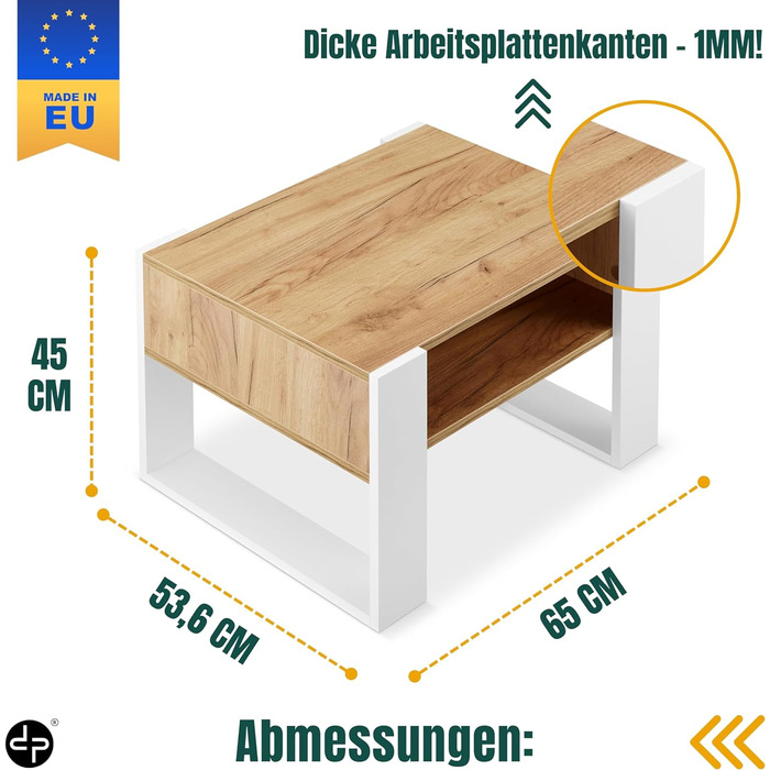 Журнальний столик defiPad з місцем для зберігання Сучасний стіл для вітальні Дуб Журнальний столик шириною 65 см Міцний і стійкий стіл для вітальні Журнальний столик Диванний стіл (Білий Дуб)