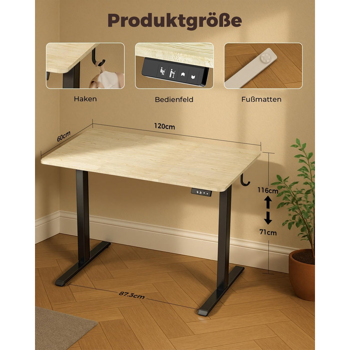 Регульований по висоті письмовий стіл для дому та офісу з пам'яттю на 2 пресети, стіл для ігор та роботи, колір вінтажний коричневий (100 x 60 см)
