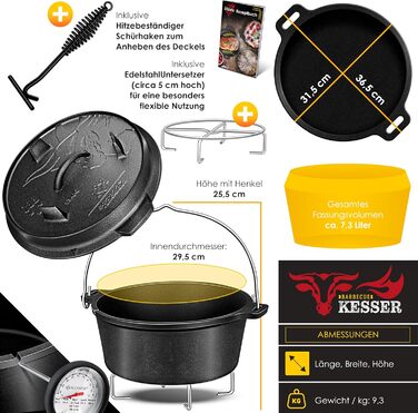 Набір чавунного казана KESSER Dutch Oven 7,3 л для барбекю та гриля, казан з кришкою, підставкою з нержавіючої сталі та ручкою-підйомником, для використання на вулиці та вдома