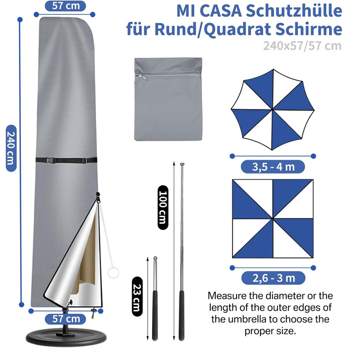 Чохол для парасольки/маркету/садового парасоля, захисний, анти-UV, діаметром до 400 см, 300x300 см (колір: коричневий/сірий, розмір: 240x57/57 см)