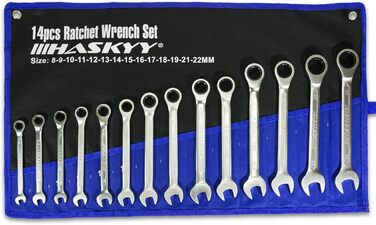 Набір гайкових ключів з тріскачкою HASKYY 8-22 мм з відкритим кінцем, 14 шт.