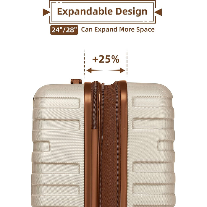 Набір валіз LARVENDER 6 шт. з твердим корпусом, легкий ABS, розширюваний, з TSA-замком, ручна поклажа, з сумкою та косметичкою, білий/коричневий