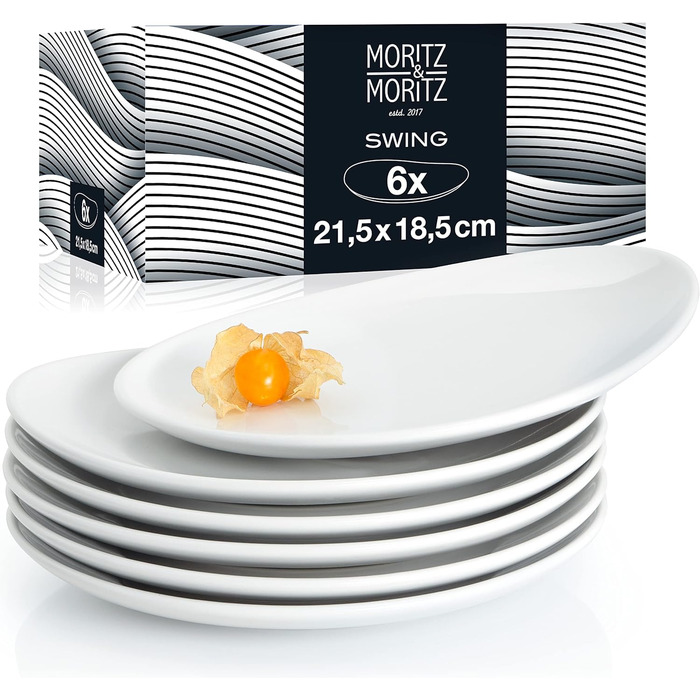 Набір десертних тарілок Moritz & Moritz Swing на 6 персон 21,5 х 18,5 см - Набір керамічного посуду як тарілка для торта, тарілка для сніданку або десертна тарілка - Зроблено в Португалії (білий)Набір десертних тарілок Moritz & Moritz Swing на 6 персон - 