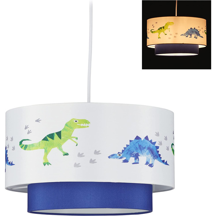 Підвісний світильник Relaxdays Dino, круглий абажур із зображенням динозавра, для дитячої та дитячої кімнат, HxD 126x30 см, біло-блакитний