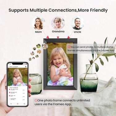 FRAMEO Цифровий фотоальбом 10.1 дюйма з Wi-Fi, IPS сенсорний екран, 32GB пам'яті, автоповорот, чорний
