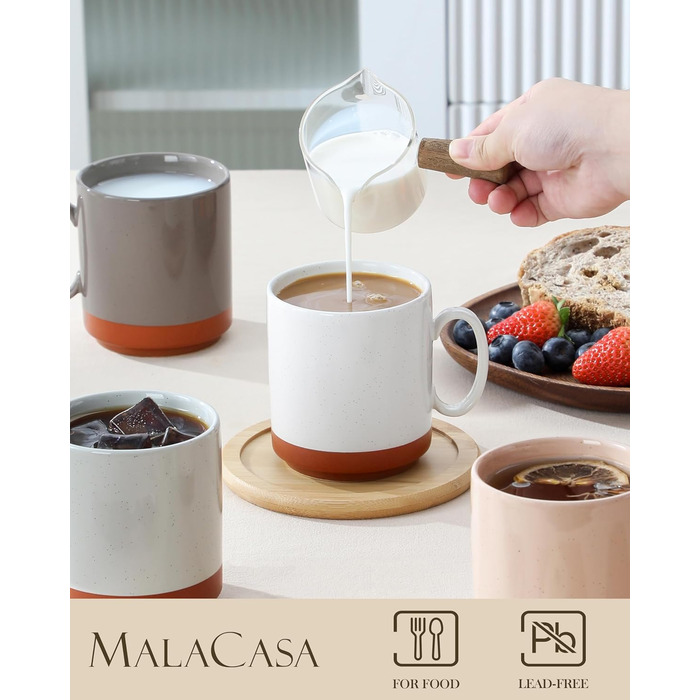 MALACASA Набір посуду з 24 предметів для 6 осіб, керамічний сервіз з реактивною глазур'ю, тепла колірна гамма. Включає: 6 тарілок для їжі, 6 тарілок для десерту, 6 супових тарілок, 6 мисок для мюслі. Колір: білий з коричневим низом (4 чашки для кави, бага