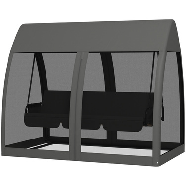 Гойдалка для тераси на 3 особи з функцією ліжка, гойдалка для веранди в стилі Голлівуд з москітною сіткою та сталевим каркасом, сірого кольору