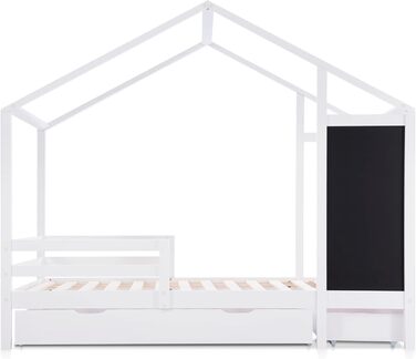 Ліжко дитяче 80x160 см з ящиками та вікном, масивне дерево, захист від падіння, ламелі, для хлопчиків та дівчаток, ліжко-будиночок, без матрацу, білий колір