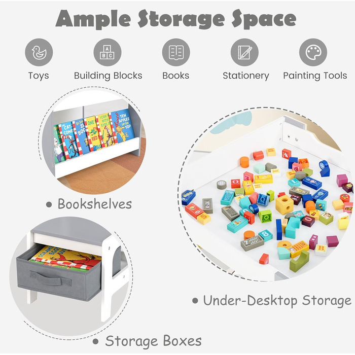 Дитячий стіл LIFEZEAL 3 в 1 з 2 стільцями: стіл для малювання, активностей та обідній стіл. Дитяча меблева група з дерева з місцем для зберігання (сірий)