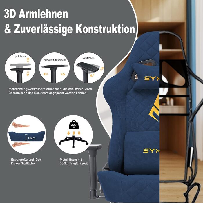 Ігровий крісло Symino, ергономічне, з дизайном гоночного авто, для ПК, вінтажне, з регульованою підніжкою, оббивка з PU-шкіри (блакитний)