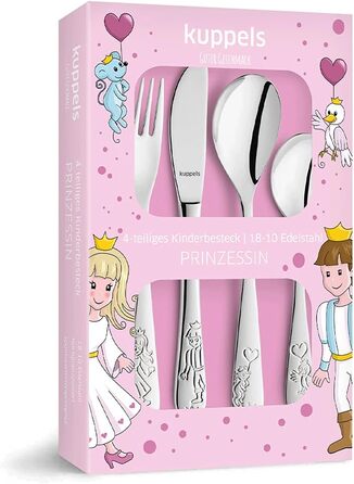 Дитячий набір столових приборів Kinderbesteck з гравіюванням імені/мотива принцеси, 4 шт. з нержавіючої сталі, гравіювання в стильних шрифтах