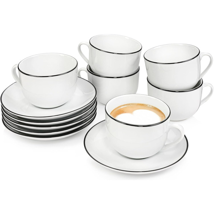 Набір чашок з блюдцем SÄNGER Marlo Black Rim (12 шт.), 6 персон, порцеляна, 200 мл | Преміум якість