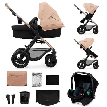 Дитяча коляска Kinderkraft MOOV 2 3 в 1 з автокріслом I-SIZE, чорна (PRO, Beige), до 22 кг