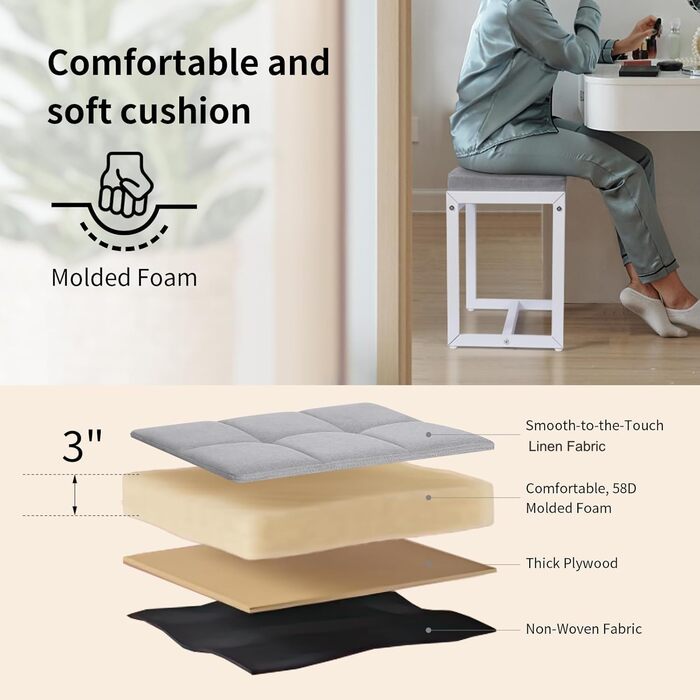 Пуф-стілець для туалетного столика, білий та золотий, з штучної шкіри, для макіяжу, сучасний, для спальні/вітальні