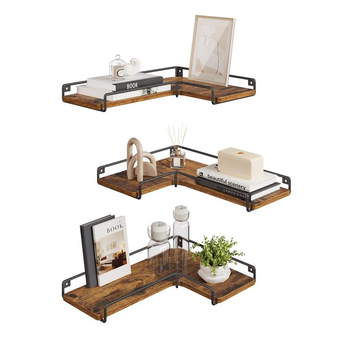Набір кутових настінних полиць VASAGLE L-подібні, індустріальний стиль, для вітальні, спальні та кухні, вінтажний коричневий та чорний, 3 шт. (LLS831B01)