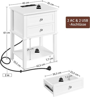 Приліжкова тумбочка Yaheetech з ящиками, полицею, розеткою та USB, дерево, скандинавський дизайн, білий
