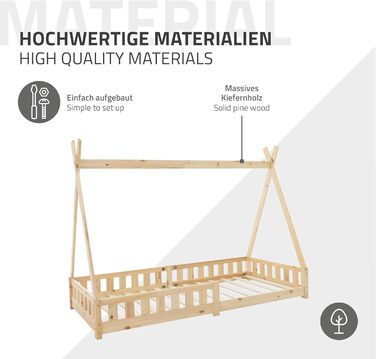 Дитяче ліжко-халапа Tipi ML-Design біле з бортиками та ламелями, з сосни, індіанське ліжко для дівчаток та хлопчиків, ліжко-будиночок з огорожею, ліжко-ігровий будиночок для дітей (90x200 см з матрацом (H: 16 см), натуральне дерево)