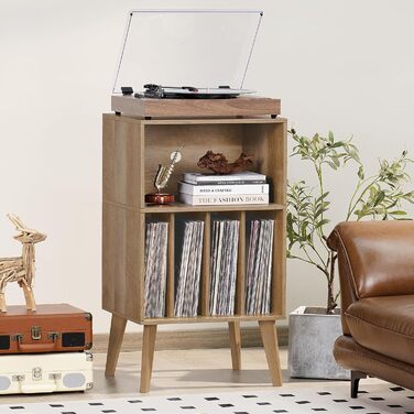 Підставка для програвача вінілу: місце для 160 платівок, органайзер для вінілових платівок, Mid-Century дизайн, дерев'яні ніжки, полиця для програвача, білий (дуб)