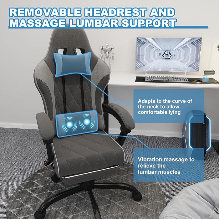 Ігровий крісло JUMMICO з тканини та пружинним наповнювачем, ергономічний офісний крісло з масажером. Крісло має підголівник, підставку для ніг, регулювання висоти. Максимальне навантаження: 150 кг. Колір: темно-сірий