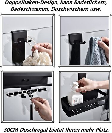 Настінна полиця для душу з 2 ящиками, SUS304 нержавіюча сталь, матовий чорний, з гачками, для скляних душових кабін