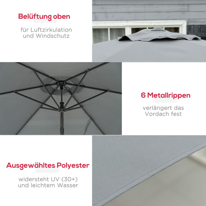 Вітростійкий парасоль для саду Ø293 см з бічною ручкою та хрестоподібною основою, захист від вітру, водовідштовхувальне покриття, темно-сірий